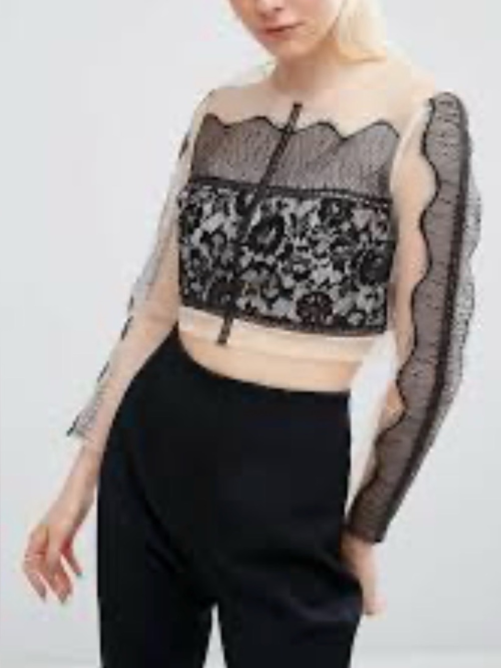 Sheer Black Lace Long-Sleeve Crop Top